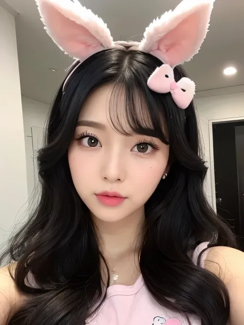 Kim Jenni with black hair, light black hair, with curls, with a bunny clip in her dark black hair, brown eyes, beautiful eyes,pretty, upturned nose, pretty lips, pastel pink lips, Cupid&#39;s heart shaped lips, pale white skin, pretty skin, skin with all p...