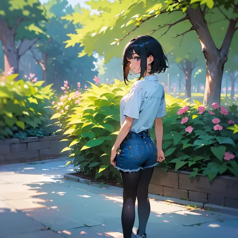 (high quality, High resolution, Very detailed, reality:1.37), Peaceful atmosphere, (Outdoor, garden), Teenage girl standing alone, (my breasts are big.), Beautiful details, Cute Smile, (Black bob hair), Short sleeve shirt, Denim skirt, Black tights, sneake...