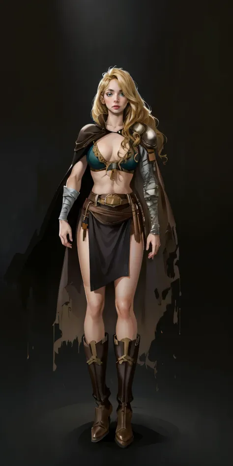 (masterpiece, best quality) (black background) full body standind straight symmetrical, FEMALE warrior princess Mercedez Von Martritz, twin big belt around waist, long curly blonde hair, very white skin, female wearing full body bikini armor with red cape,...