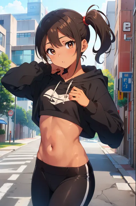 masterpiece, best quality, ultra detailed, ultra high resolution, very detailed face, (((solo))), ((anime)), (((junior high school girl))), (tanned skin:1.3), ((hooded sweatshirt, croptop)), ((black yoga pants)), ((brown short hair, side ponytail)), (small...