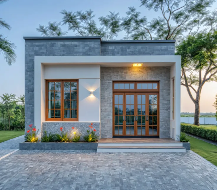 Minimalist architecture, the main materials of the house include white walls, blue concrete effect walls, Realistic images, extremely detailed, a modern house, (((wood gate))), 1 road in font of house, large yard made by ceramic, (1 car), brick fence, lawn...