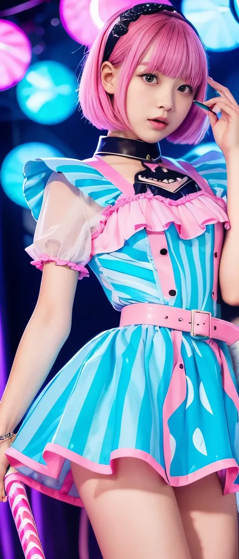 Pop Candy Girl、whole body、Good style、、、、、、、、、、Thick legs、、Candy-covered striped armor dress（fluorescent blue and pink）、Cool girl face、、、、Glowing Candy Castle、、Candy Belt