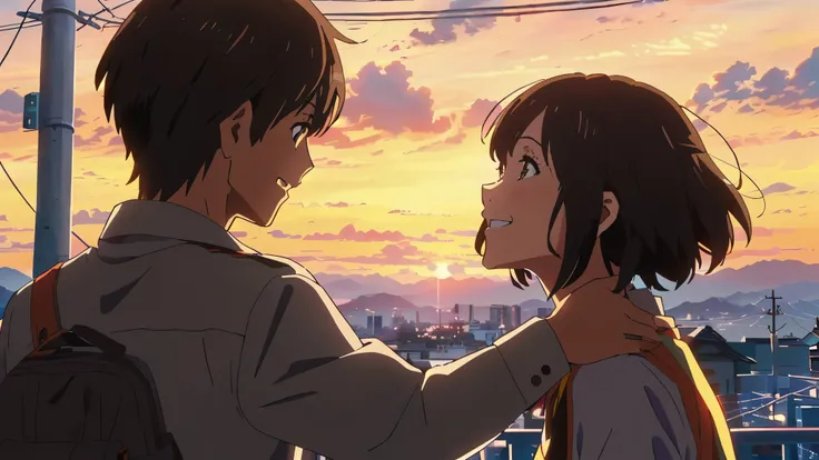 anime scene of a couple embracing each other in front of a sunset, kyoto animation still, ( smile), ( ( makoto shinkai ) ), sakimichan and makoto shinkai, high quality anime movie still, watching the sun set. anime, screenshot from the anime film, your nam...