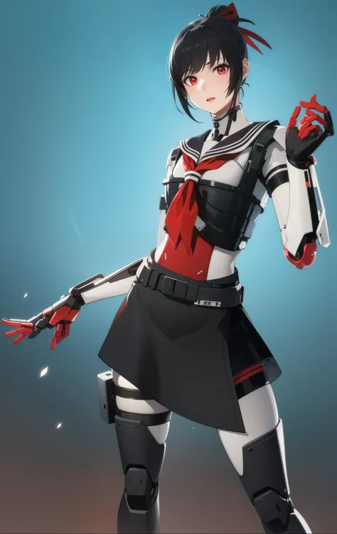 Girl,robot girl, White skin, black skirt, short black hair , hair with ponytail,Red eyes , female sailor clothing, breasts, simple background, 