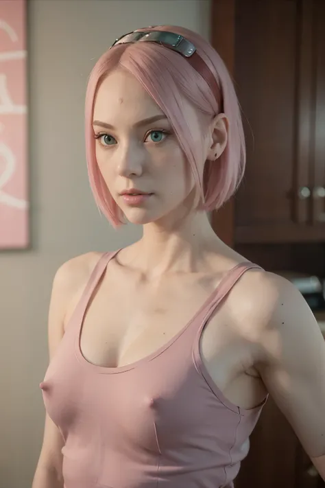 young woman, short shoulder-length pink hair, wide forehead, porcelain skin, pink eyebrows, big emerald green eyes, buttoned nose, full lips, heart-shaped face, slender body, small breasts, red tank top, Sakura Haruno , realistic, realism, details, 3d, wel...