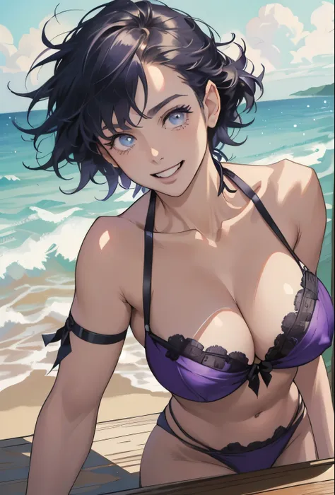 The sea sparkling in the morning sun , (Colorful and sexy purple bikini girl: 1.2), Dark blue eyes, 1 girl, 20-year-old,Grin,Big ample breasts,Slender,,(Realistic), (Intricate details: 1.2), (Tabletop: 1.3), (Highest quality: 1.4), (Ultra-high resolution: ...