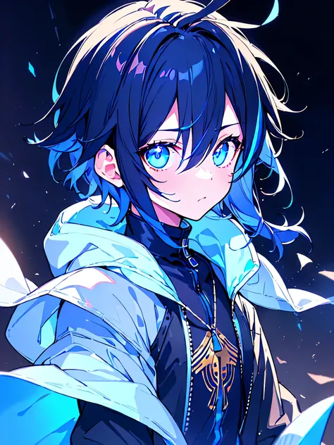 [(BLACK BACKGROUND:1.5),::5], ((((masterpiece)))), high quality, ultra very high resolution, full color, (((solo))), ((little boy)), BLACK short hair, ((Blue streaked hair)), (oriental deepblue eyes), anime, ((upper body)), Summer clothes, neon light, blac...