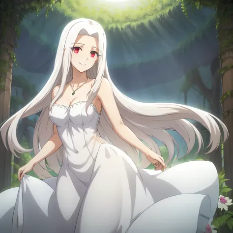 Irisviel,cold silky dress sleeveless,solo,looking at viewer,beautiful smile,arm at side,middle size of breast,beautiful necklace,tall breasts,flowers in air,in beautiful jungle,irisviel,,Shining in irisviel breasts,someone try rape irisviel