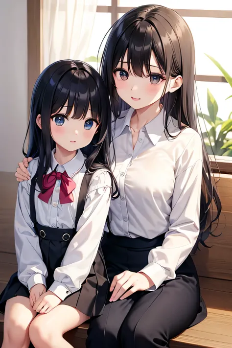 High resolution, Long Hair, Adults and young children、Mother and daughter、Mother and 、2 people、(、Young、cute)、Black Hair、clear、Shirt blouse、Collared shirt blouse、白いShirt blouse、Light pink shirt blouse、Light yellow shirt blouse、赤いShirt blouse、Light brown shi...