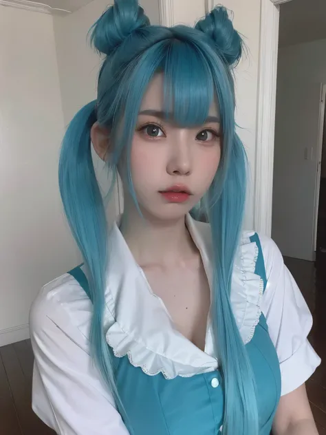 RAW Photo, (8k), (Best Quality: 1.2), (Realistic), (Realistic: 1.37), A young woman with cyan-colored hair in twin tails is looking at the camera. She is wearing a maids uniform and has a piercing in her lip. In the background there is a wallpaper with a r...