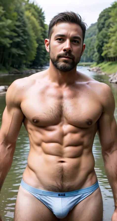  matural Father、handsome daddy ,Spanish men、very handsome、Abdominal muscles、Chest muscles、 underwear、Body hair、full-body shot，In the river，external，