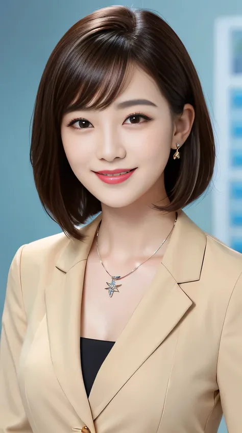 High resolution, Very detailed, Intricate details, 、ear piercing、Closed mouth smile、short hair、Black Hair、Clear beauty,(High quality fabric, Office Lady Suits 、Necklace around the neck、, The background is the office
