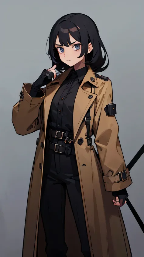 A character in a long, tan trench coat with a dark, collared shirt underneath, revealing a stylized design on the chest. She has long black hair partially covering her face, and wears fingerless gloves with metal accents. The outfit includes dark pants wit...