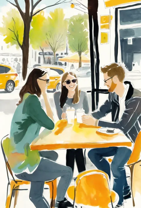 Drawing friends chatting in a cafe on a sunny afternoon