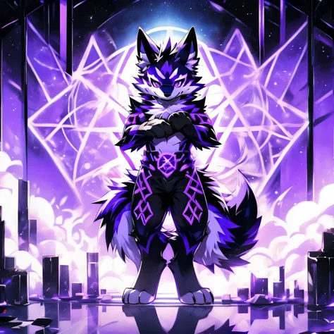 A base sheet model of a Purple and Black Furry Kemono Wolf, purple colored eyes, completely purple hair, black ears with purple auricle, red legs, blue snout, black and purple furry tail, purple circular symbols all over the body, mainly on the face, white...