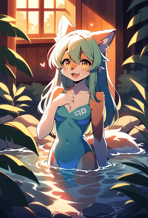 rating_safe, score_9, score_8_up, score_7_up, score_6_up, score_5_up, score_4_up, hires, highres, source_furry(1girl, Solo focus, furry anthro, kemono)bathing in water, beautiful refraction of water, Dreamy, mystical, cute swimming costume, Happy, joyful, ...