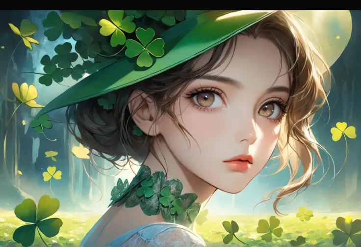 Green four leaf clover landscape, bright canvas, Clover leaves fluttering, Transparent holographic reflection, A surreal landscape made of clover leaves, Leaves viewers speechless, A beautiful world, 1 italian woman, detailed eyes, brown eyes, detailed lip...