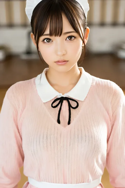 (8k, RAW Photos,Highest quality, High resolution:1.1), (ultra-realistic:1.4),(Realistic, Realistic:1.3),The Beauty of Japan、Rhythmic gymnastics club、Rhythmic Gymnastics Uniform、((Upper Body:1.3)),maid cafe、((maid:1.3)),(pink knit sweater:1.3),look up、Shoot...