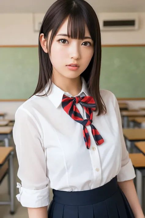 (Highest quality:1.4),(masterpiece:1.4),(Realistic:1.4),(Realistic:1.2),(超High resolution, RAW Photos:1.4),(High resolution, Ultra-detailed:1.2),(8k:1.2),Cinematic photography,a photo of a dark-haired,One girl,alone,wear ,Checked skirt,Knee-high,bow tie,Ar...