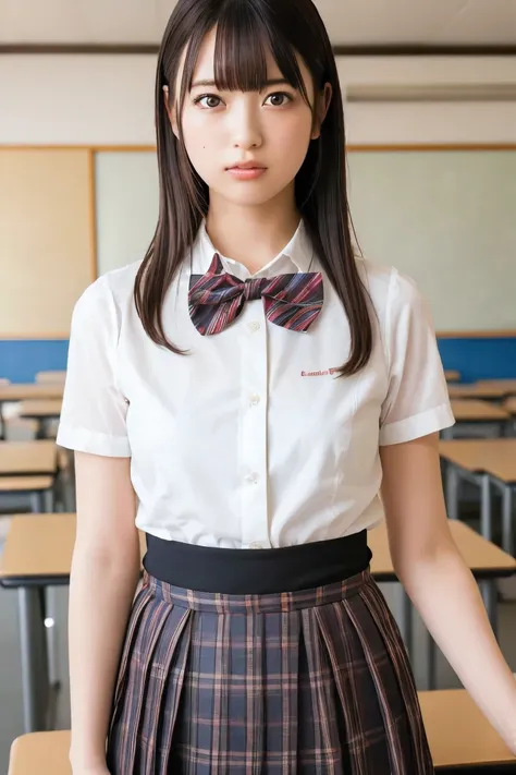 (Highest quality:1.4),(masterpiece:1.4),(Realistic:1.4),(Realistic:1.2),(超High resolution, RAW Photos:1.4),(High resolution, Ultra-detailed:1.2),(8k:1.2),Cinematic photography,a photo of a dark-haired,One girl,alone,wear ,Checked skirt,Knee-high,bow tie,Ar...