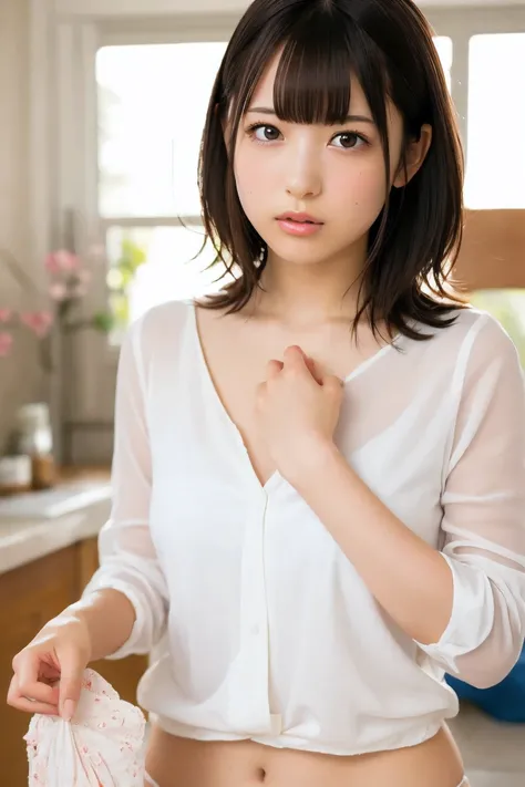 ((Upper Body:1.3)).Blown by the long wind [Blue-black:.3] hair,Looking at the audience, (Tabletop:1.3), (8k, Realistic, RAW Photos, Highest quality: 1.4), Japanese, (1 girl), Beautiful Face, (Realistic face),{Wavy medium hair|Front hair long bob|short hair...