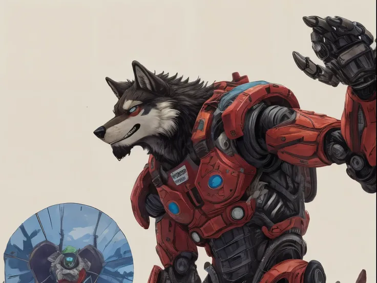 best quality,masterpiece,ultra high resolution,1 wolf,looking at the audience,Uno,Yamamoto Takato style,
simple background,white_background,Mechanical division，Exoskeleton，cold-blooded wolf with beard，toughboy style