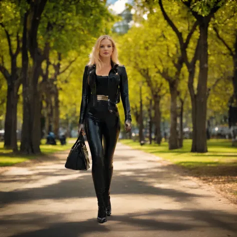 masterpiece, realistic image, an attractive blonde woman wearing a lycra catsuit with corset, leather jacket and a bag, walking ...