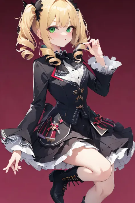 (((Highest quality ultra detailed,Unity 8k))),Twin Drill,emerald eye,Posing,blazer:1.1 (Gothic Lolita:1.2),,blunt bangs,lace up boots,Blonde,medium hair,knife,Licking one's lips,looking down, watching at Viewer:1.3,looking down,smile