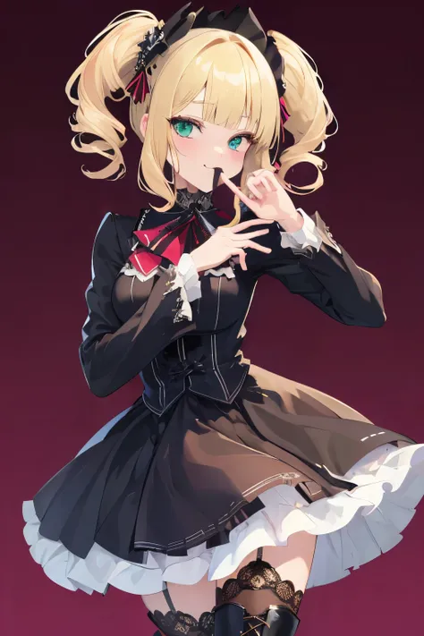 (((Highest quality ultra detailed,Unity 8k))),Twin Drill,emerald eye,Posing,blazer:1.1 (Gothic Lolita:1.2),,blunt bangs,lace up boots,Blonde,medium hair,knife,Licking one's lips,looking down, watching at Viewer:1.3,looking down,smile