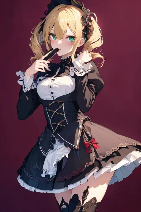 (((Highest quality ultra detailed,Unity 8k))),Twin Drill,emerald eye,Posing,blazer:1.1 (Gothic Lolita:1.2),,blunt bangs,lace up boots,Blonde,medium hair,knife,Licking one's lips,looking down, watching at Viewer:1.3,looking down,smile