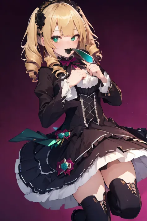 (((Highest quality ultra detailed,Unity 8k))),Twin Drill,emerald eye,Posing,blazer:1.1 (Gothic Lolita:1.2),,blunt bangs,lace up boots,Blonde,medium hair,knife,Licking one's lips,looking down, watching at Viewer:1.3,looking down,smile