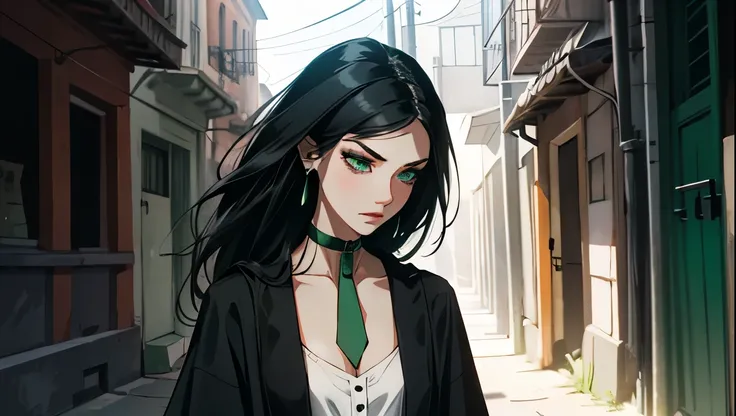 emo_hairstyle, (piercings), (black necktie), ((long hair)), ((straight hair)), (((black hair))), side swept bangs, white skin, pale, white, (green eye), tired expression, choker, ((dark makeup, mascara, eyeshadow)), multiple piercings, best quality, 8k, al...