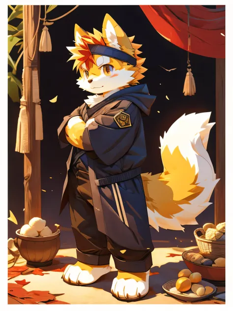 nj5furry，kemono，full-length portrait，anthro，hi res，male，Orange hair，Brown dog，artisan，Fingerless gloves，Headband，strong，Plush paw，Fluffy hair，Plush tail，A tail，Delicate eyes，Detailed eyes