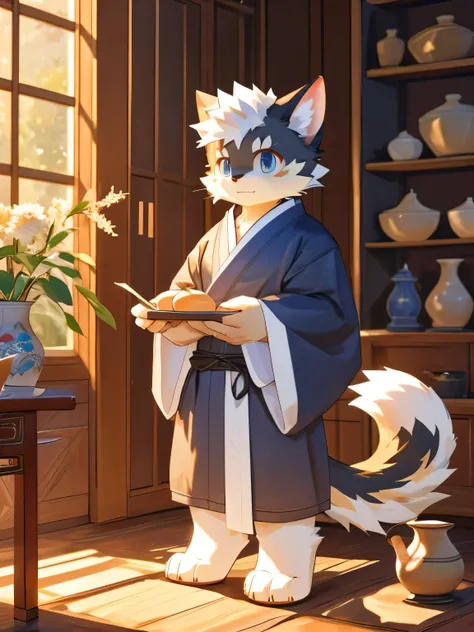 nj5furry，kemono，full-length portrait，anthro，hi res，male，White hair，Brown cat，Traditional Chinese Medicine，Gray cloak，White robe，strong，Plush paw，Fluffy hair，Plush tail，A tail，Delicate eyes，Detailed eyes