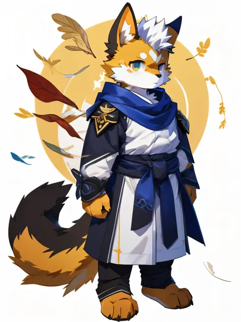 nj5furry，kemono，full-length portrait，anthro，hi res，male，White hair，Orange dog，warrior，White leather armor，White Cape，strong，Plush paw，Fluffy hair，Plush tail，A tail，Delicate eyes，Detailed eyes