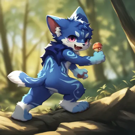 score_7_up, score_6_up, score_5_up, score_4_up, source_furry, no human BREAK from side, line art, anime, by huolongguo, bodypaint, blue fur, solo, furry,1boy, (cub), digitigrade, 4 finger, fangs, forest background