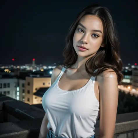 1girl, (uniform), standing, outdoors, night view, detailed Metropolitan city at the background, (zoom out: 1.4), detailed face, detailed eyes, brunette, big breasts, smooth realistic skin, semi-curvy body, white tanktop, thin hot pants, looking at the audi...
