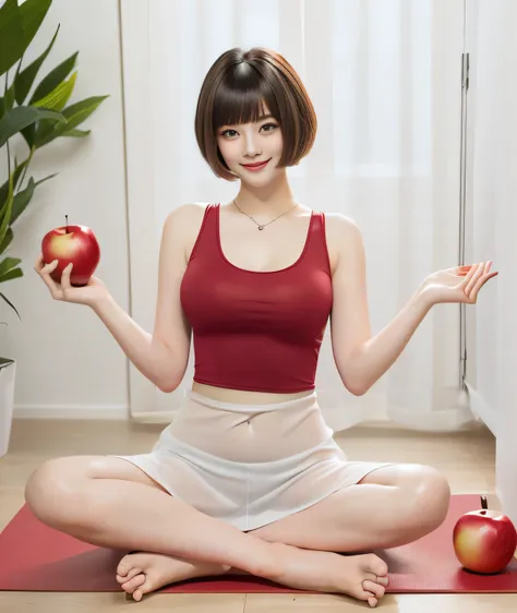 {{{she is holding a red apple in his right hand and a white apple in his left hand.::1.8}}},{{{blunt bangs、short hair:1.6}}}},,{...