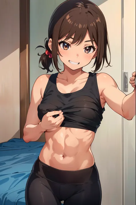 masterpiece, best quality, ultra detailed, ultra high resolution, very detailed face, (((solo))), ((anime)), (((junior high school girl touches ownself boobs))), ((tanktop, croptop)), ((brown short hair, side ponytail)), (small breast), (six pack abs:1.1),...