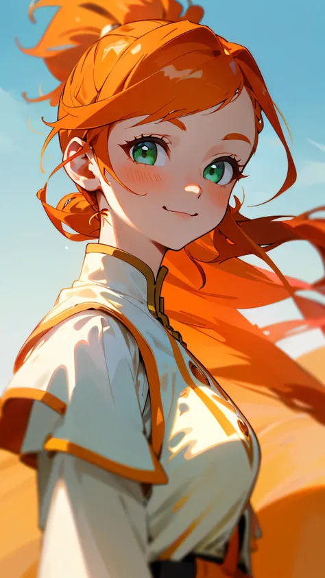 1 girl、Orange themed clothing、Orange Hair、ponytail、Beautiful green eyes、smile、From the side、White clothing with gold trim、Face close-up、Golden hour sky、Near the lighthouse