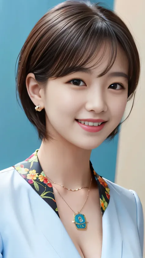 RAW Photos, High resolution, Very detailed, Intricate details, 、ear piercing、smile、short hair、Black Hair、Clear beauty,(High quality fabric, Office Lady Suits 、Necklace around the neck、, The background is the office
