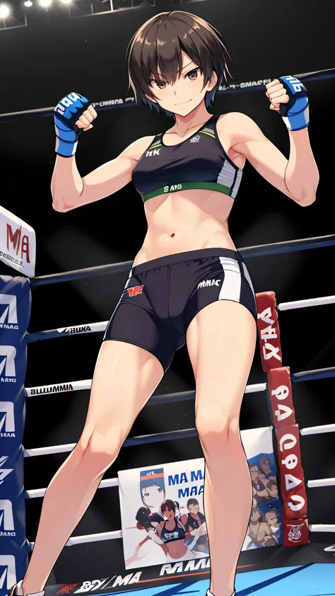 nanasaki, nanasaki ai, ai nanasaki, ((top-quality,8K,Masterpiece)), Full body shot, Toned stomach, (on MMA Arena :1.5), (Athletics bra:1.5),(Racing Bloomer:1.5), MMA Fighter, thigh, belly button, smirking, Victory, Sharp focus: 1.2, Highly detailed face, H...