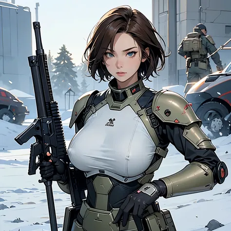 nsfw, anime screencap, 16K, perfect anatomy proportion body, action, A dynamic composition with a sense of speed and movement, (Hold an assault rifle:1.6), a wife, 40age, perfect beautiful delicate sexy face,  perfect beautiful delicate eyes, brown hair, s...