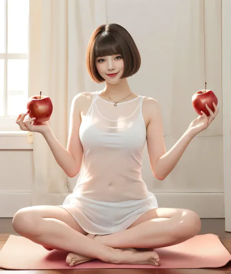 {{{she is holding a red apple in his right hand and a white apple in his left hand.::1.8}}},{{{blunt bangs、short hair:1.6}}}},,{...