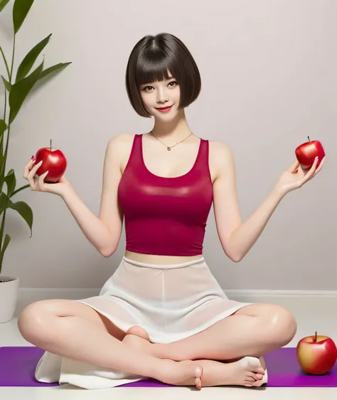 {{{she is holding a red apple in his right hand and a white apple in his left hand.::1.8}}},{{{blunt bangs、short hair:1.6}}}},,{...