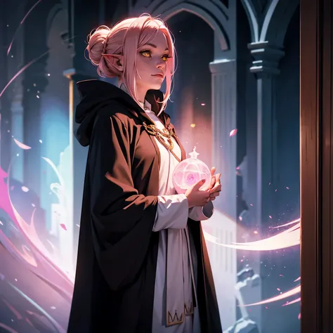 adult woman, d&d character concept, an oracle of the shining lands, pink blonde white hair, tight bun, freckles, looking out a window, black long sleeve robes, black robes, hooded, slight smile, far away look, glowing eyes, Pointy Ears, Anatomically Correc...