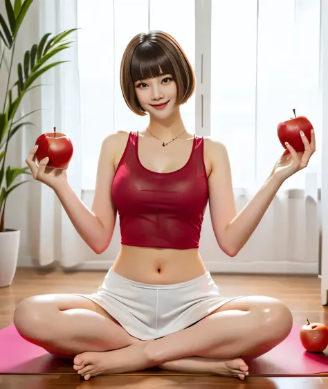 {{{she is holding a red apple in his right hand and a white apple in his left hand.::1.8}}},{{{blunt bangs、short hair:1.6}}}},,{...