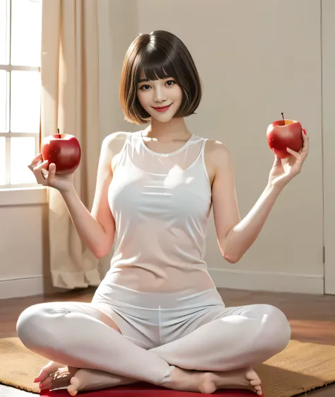 {{{She is holding a red apple in his right hand and a white apple in his left hand.::1.8}}},{{{Blunt bangs、short hair:1.6}}}},,{{Girl sitting on a mat and doing yoga poses:１８Year:Double Eyes::smile}},, Sitting pose,{White Tight tank top:See through}, Affec...