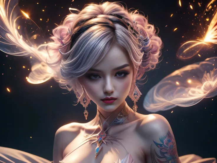 (Best Quality, 8K, Masterpiece, HDR, Soft Light, Picture Perfect, Realistic, Vivid), Full body photography of Goddes, (Clear Focus: 1.5), (Reality: 1.4), There is a naked goddess of darkness lying on a luxurious bed, she has a beautiful face, long pink hai...