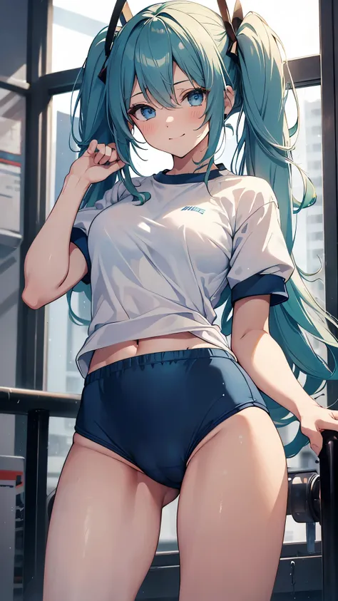 1 girl,miku hatsune,large breasts,green hair,twintails,slender, (white gym shirt, short sleeve,gym uniform,dark blue buruma:1.3),(cameltoe),blue eyes,blush,smile,top-quality,Top image quality,in 8K,4K,​masterpiece,ultra-detailliert,Beautiful、ultra-quality,...